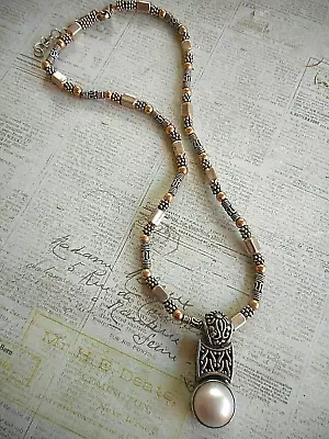 Oxidized Sterling Silver Bali Style Mabe Pearl Pendant Necklace   4171C • $149