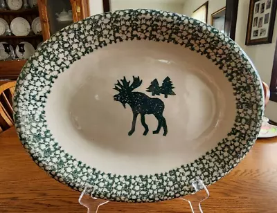 Moose Country Platter Chop Plate 16  Stoneware Tienshan Folkcraft Green Sponge ! • $100.99