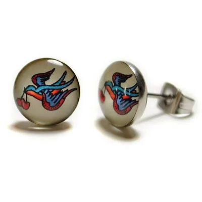 STAINLESS STEEL POST EARRINGS TATTOO BIRD 10mm Sailor Jerry Cherry Swallow Stud • $15.70