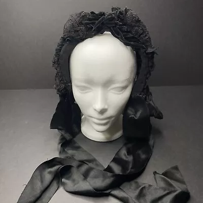 Antique 1860s Hat Victorian Black Silk Mourning Funeral 2-Piece Bonnet • $299.99