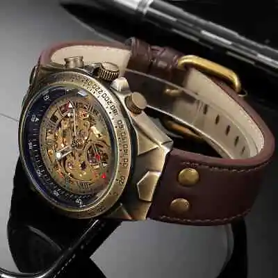 Skeleton Steampunk Watch Genuine Leather Band Mens Self Winding Wrist Watches • $41.75