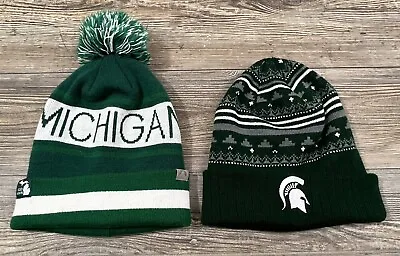 Michigan State Spartans Winter Knit Hats Lot Of 2 Cuffed Beanie Pom Pom • $19