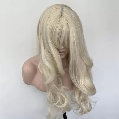 Heat Resistant Hair Synthetic Cosplay Wig With Bangs Platinum Blond Long Wavy • £14.99