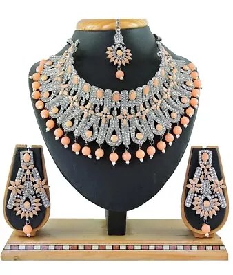 Peach Pearl Stud Indian Sliver Plated Jewelry Necklace Earrings Mang Tika Choker • $43.99