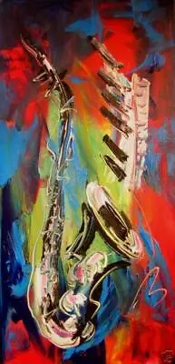 Saxophone Music Jazz By  Mark Kazav - Original Oil Painting Abstract Modern Art  • $57.77