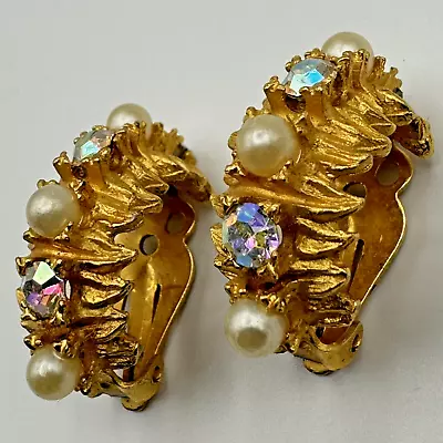 Vintage HAR Faux Pearl AB Gold Tone Clip Earrings Aurora Borealis • $42.08