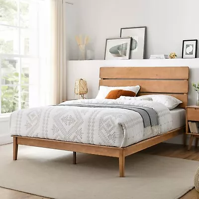 Mid Century Modern Platform Bed Frame & Headboard King Solid Wood Natural Brown • $359.99