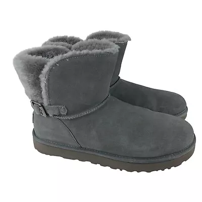 UGG Women's Buckle Suede Ankle Boots Size 12 Gray Sheepskin Karel 1019639 • $50.99