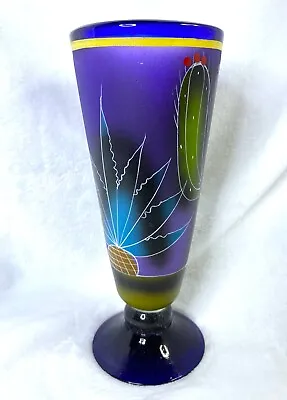 Mexican Hand-Painted Pineapple Cactus Large Tapered Glass Cobalt Blue 8.5  Tall • $19.98