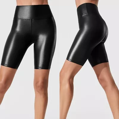 Women Sexy Stretch Hot Pants Clubwear Wet Look PU-Leather Cycling Shorts Yoga • £10.70