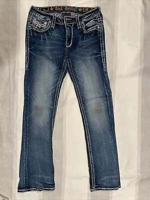 Women’s Rock Revival Yui Mid Rise Bootcut Jeans Sz 29 Bling Exposed Stitch Jeans • $65