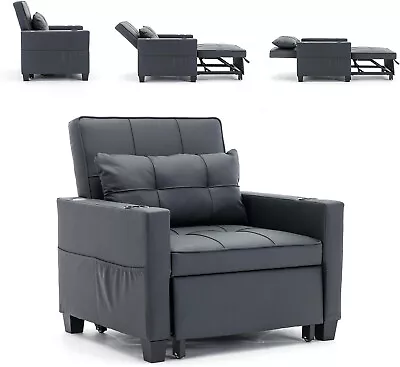 3-in-1 Convertible Black Leather Chair Bed Pull Out Sleeper Chair Bed W/USB Port • $365