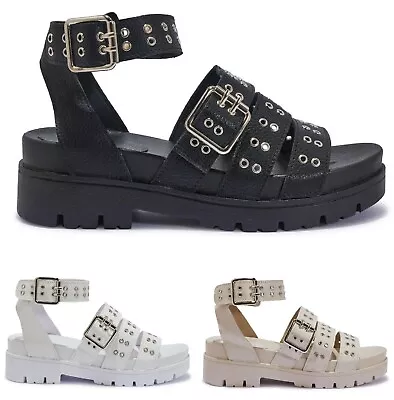 Ladies Strappy Eyelet Gladiator Summer Sandals Womens Platform Chunky Sole Shoes • £12.99