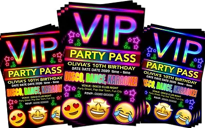 DISCO DANCE KARAOKE VIP EMOJI Birthday Party Invitations X4 Blue Red Pink • £2.85