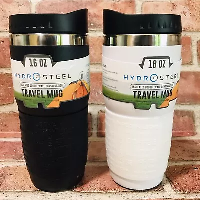 HydroSteel 16oz Insulated Double Wall Black/White Hot/Cold Coffee Travel Mug Set • $39.99