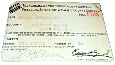 1926 Alabama & Vicksburg Vicksburg Shreveport & Pacific Employee Pass #1795 • $60