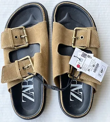$64.99 • Buy Zara Women’s Brown Buckled Flat Leather Sandal New Size 8 US Very Comfortable