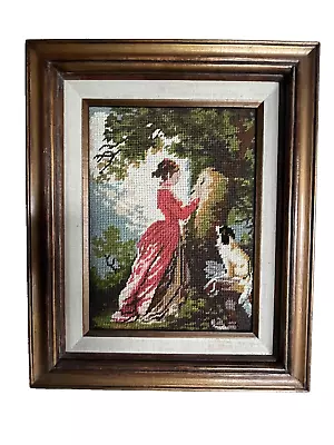 Vintage Framed Needlepoint Art Woman Painting Dog 15 X 18 Beautiful! • $35