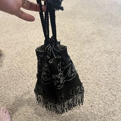 Antique Vintage Black BEADED Drawstring Wrist Bag Tassel • $29