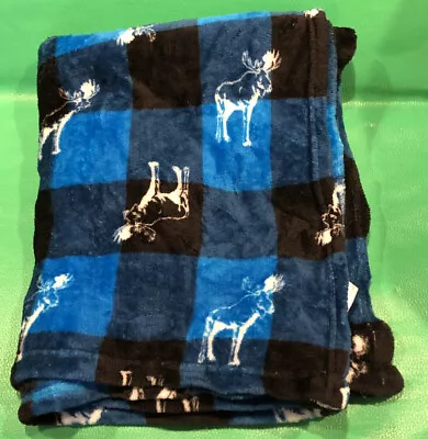 Fleece Throw Blanket Buffalo Check Blue/Black Plaid Moose Lightweight Soft 48x58 • $12.99