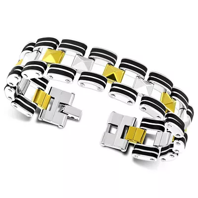 Stainless Steel Silver-Tone Gold-Tone Black Link Chain Men's Bracelet 8  • $19.99