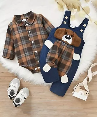 BabyBoy Outfit | Long Sleeve Plaid Bodysuit Romper + Overalls Jumpsuit 12-18m • £17.98