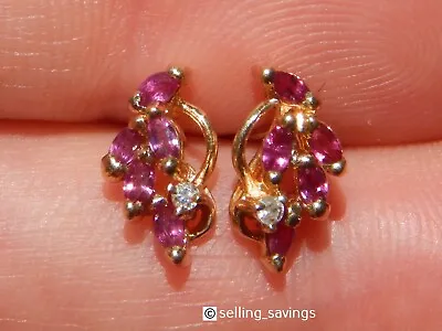 14k Solid Yellow Gold 1.00  Tcw Diamond & Ruby Starburst  Earrings 1/2 Inch Tall • $195