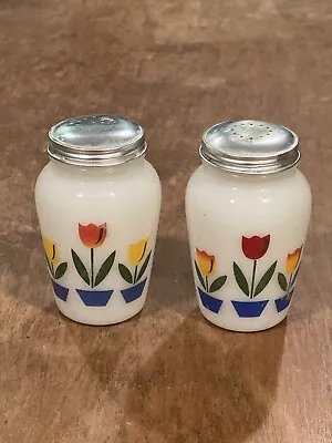 Vintage Fire King Tulip Milk Glass Salt & Pepper Shakers & Lids Anchor Hocking  • $75