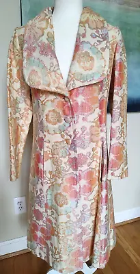 Vintage 60’s Floral Chenille Brocade Coat Sz XS Union Made Long Pink Cream • $84