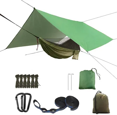 260x140cm Camping Hammock With Mosquito Net + 300x260cm Rain Cover Tent Tarp Pad • £23.99