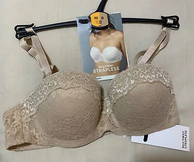 M&S UNDERWIRED STRAPLESS PADDED LACE BALCONY BRA In NUDE Size 32B • £11.99