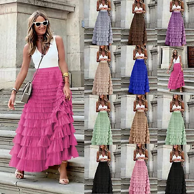 Womens Elastic High Waist Mesh Tulle Tutu Skirt Layered Pleated Maxi Long Dress • $25.78