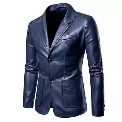 Men's Leather Jacket Business Blazer Coat Two Buttons Nightclub Slim Fit Casual • $45.99