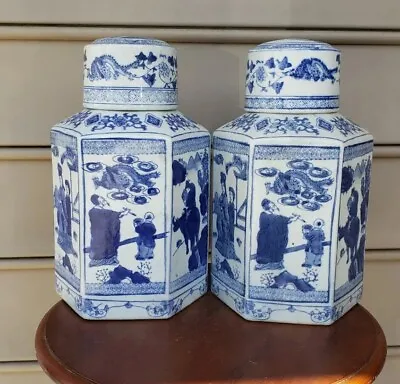 $176 • Buy Pair Blue And White Ginger Jar, Dragon, Flowers, Chinoiserie, Tea Jar Temple Jar