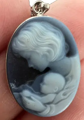 Mother With Child Sterling Silver Italy Blue Agate Cameo Pendant With Chain • $229.97