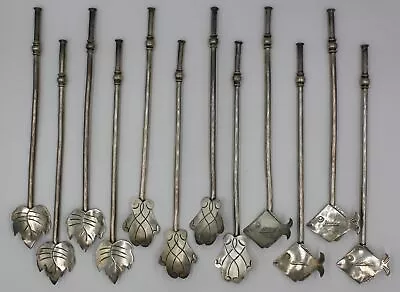 SET OF 12 ~ Vintage UXMAL Taxco Mexico Sterling Silver Mint Julep Straw Spoons • $333