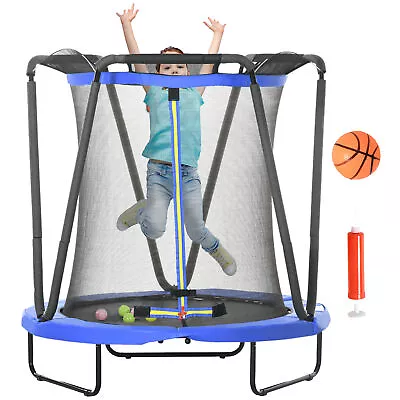 ZONEKIZ 4.6FT Kids Trampoline With Enclosure Basketball Sea Balls - Blue • £62.99