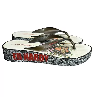 Ed Hardy Flip Flops Womens Size 8 Love Kills Golden Rose Of Love Platform Y2K • $29.99