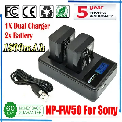£20.99 • Buy 2 X NP-FW50 Battery + DUAL Charger For Sony A6500 A5100 A6000 A7II A7RII NEX-3 5