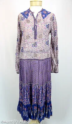 Vintage 70's Kaiser Blue/Lav Floral Print India Cotton Boho Hippie Dress M/L  • $249.98