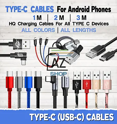 $38.95 • Buy Type C USB-C Cable 1M / 2M / 3M USB Charger Android Phone Devices Lot ALL COLORS