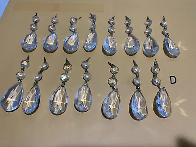 Lot Of 15 • VTG. GLASS CHANDELIER CRYSTAL TEARDROP PRISMS (2 ) W/Prism Buttons • $18