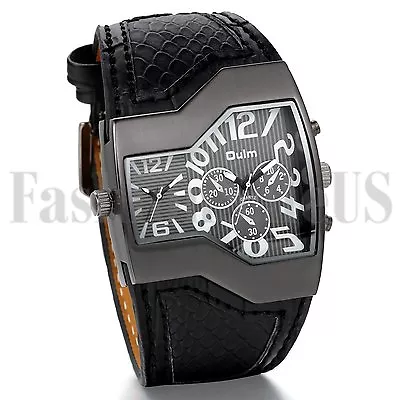 Fashion Men's Military Dual Time Dial Leather Black Blue Band Sport Wrist Watch • $15.99