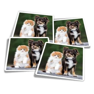 £3.99 • Buy 4x Square Stickers 10 Cm - Best Friends Kitten & Chihuahua  #15656