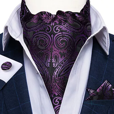 Mens Ascot Cravat Ties Silk Purple Paisley Floral Hanky Cufflinks Set Wedding US • $7.97