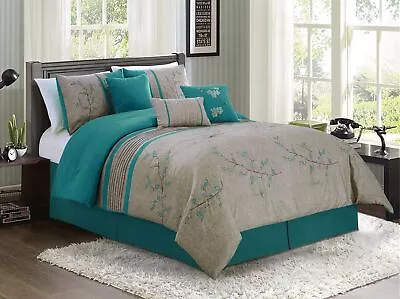 Chezmoi Collection 7-piece Teal Cherry Blossoms Floral Embroidery Comforter Set • $91.99