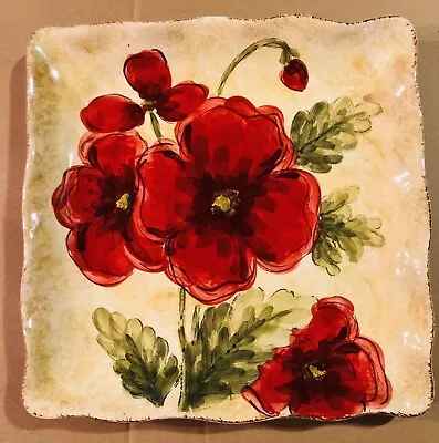 Maxcera Poppies Square Dinner Plate 11.5  Hand Painted Decorative Poppies • $20.99