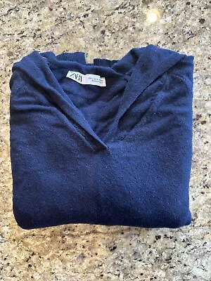 ZARA Womens Size L Knit Sweater WIDE COLLAR Blue Pocket Pullover Shirt Wool Etc • $14.99