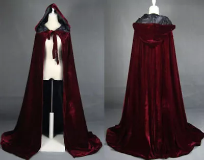 Black Black Velvet Hooded Cloak Long Wedding Cape Halloween Plus Size S-XXL • $37.99
