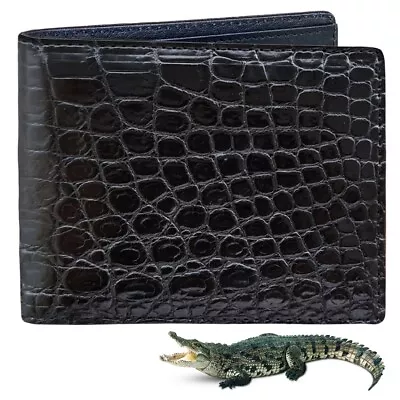 Black Alligator Bifold Wallet Real Crocodile Leather Handmade RFID Blocking • $84.55